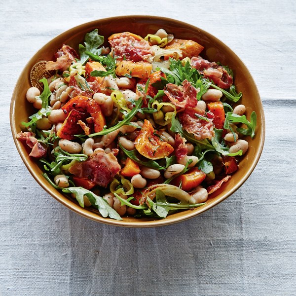 Roasted butternut squash and white bean salad with crispy prosciutto