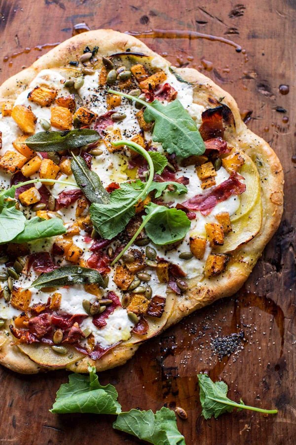 Roasted butternut squash apple burrata pizza