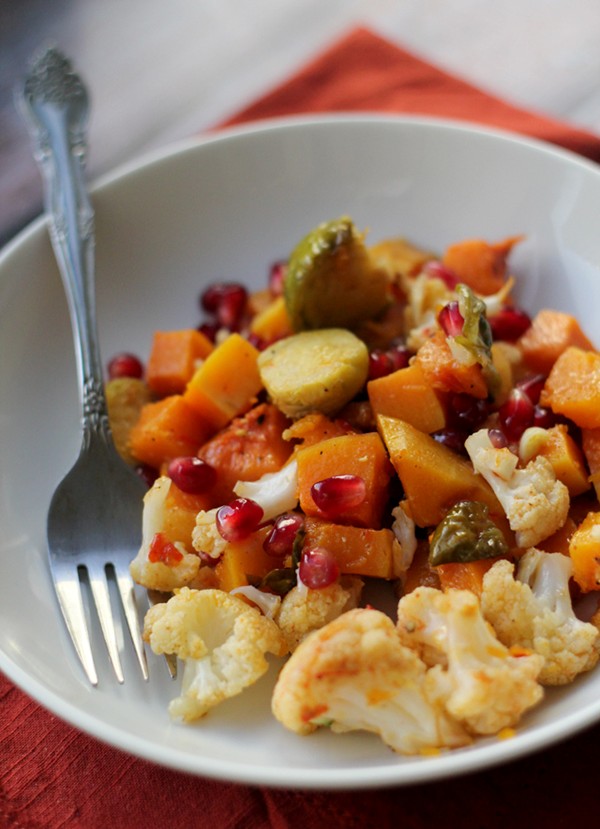 Roasted butternut squash, Brussels sprout and cauliflower salad with Sriracha vinaigrette