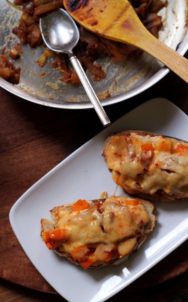 Roasted butternut squash, caramelized onion, and spicy white bean sandwiches