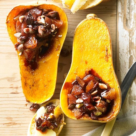 Roasted butternut squash filled with Port-soaked fruit