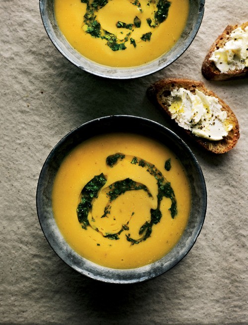 Roasted butternut squash, garlic and red lentil soup