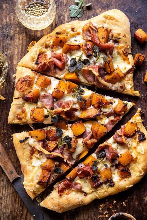 Roasted butternut squash prosciutto pizza with caramelized onions