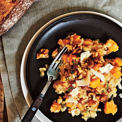 Roasted butternut squash risotto with sugared walnuts