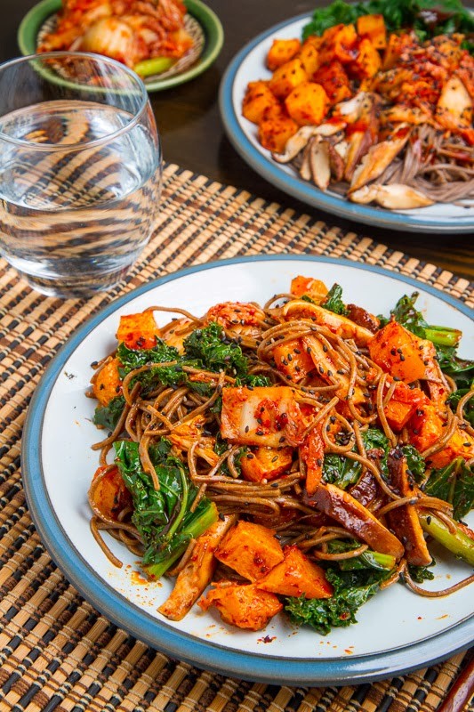 Roasted butternut squash, shiitake mushroom and kale, kimchi bibimsoba