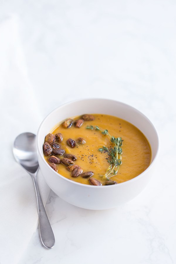 Roasted butternut squash soup with spiced pistachios