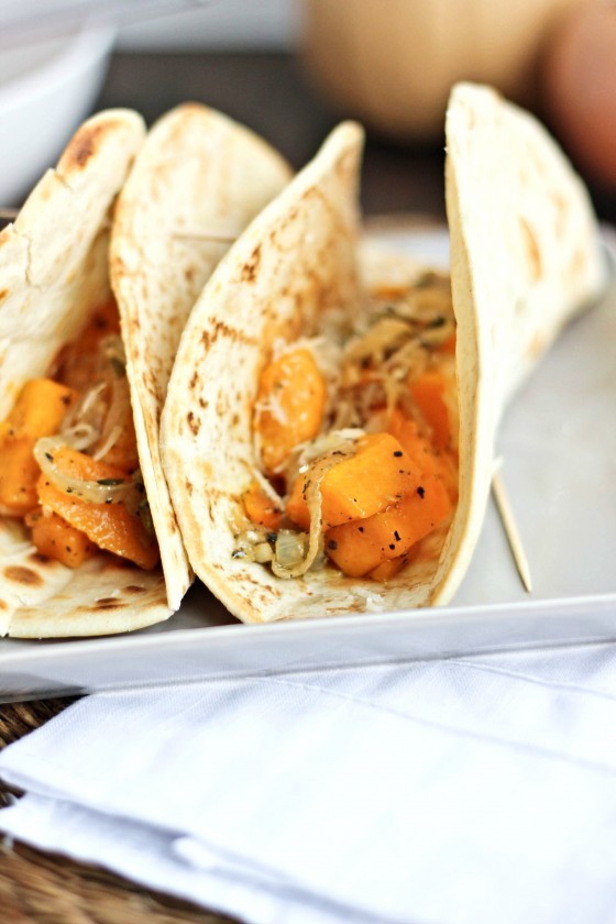 Roasted butternut squash tacos with caramelized onions & Parmesan