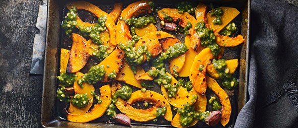 Roasted butternut squash wedges with sage pesto