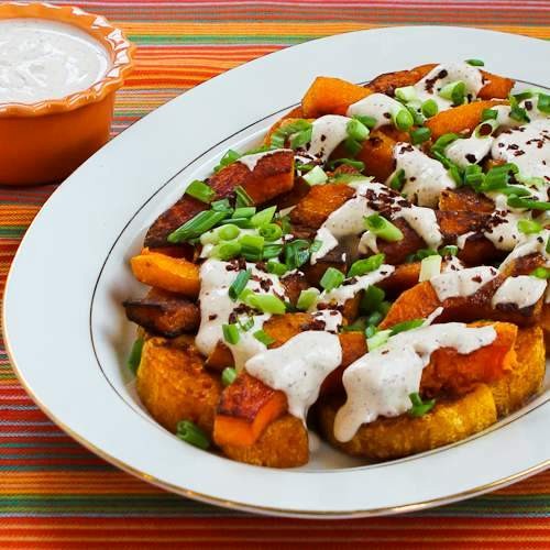 Roasted butternut squash wedges with tahini-yogurt sauce, sumac, and Aleppo pepper