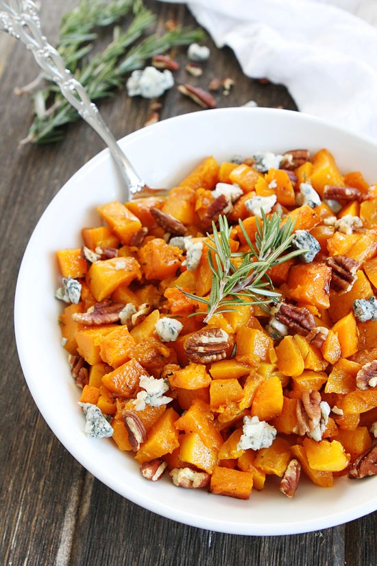 Roasted butternut squash with balsamic, blue cheese, and pecans