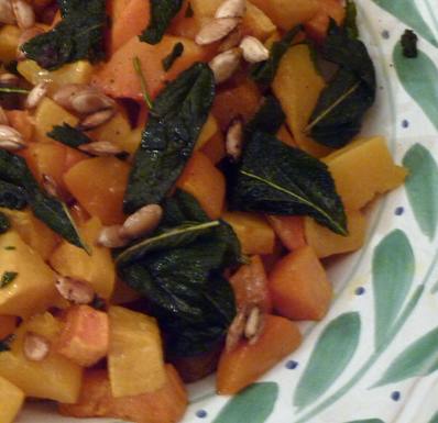 Roasted butternut squash with fried sage and spiced seeds