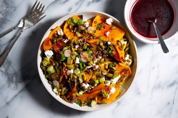 Roasted butternut squash with lentils and feta 
