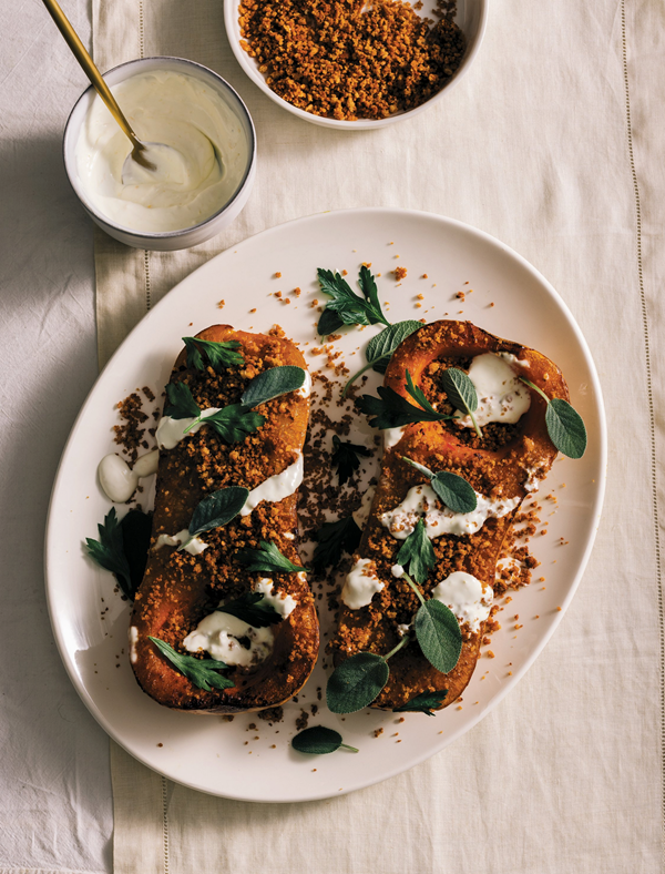 Roasted butternut squash with maple butter breadcrumb & sage crema [Kevin Popovich]