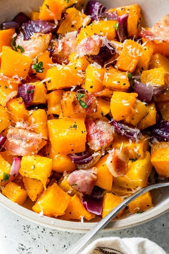 Roasted butternut squash with onions, bacon, and Parmesan 