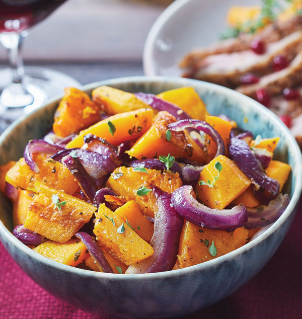 Roasted butternut squash with red onions