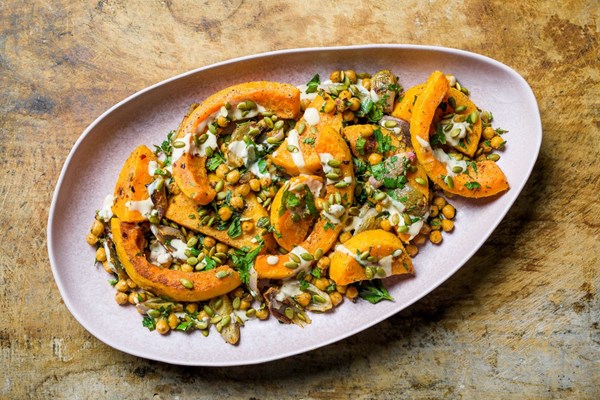 Roasted butternut squash with sesame chickpeas and herbs
