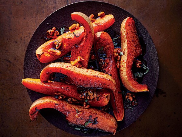 Roasted butternut squash with sticky walnut topping