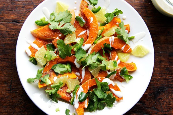 Roasted butternut squash with sweet spices, lime, and green chile