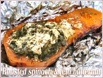 Roasted butternut stuffed with spinach and feta