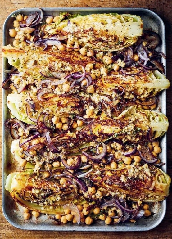 Roasted cabbage and chickpeas with thyme, allspice and mustard butter