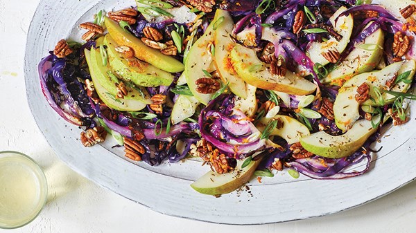 Roasted cabbage salad with pears, pecans, and white balsamic