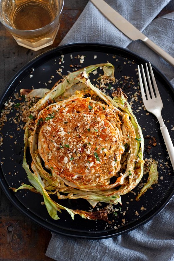 Roasted cabbage steaks with garlic breadcrumbs