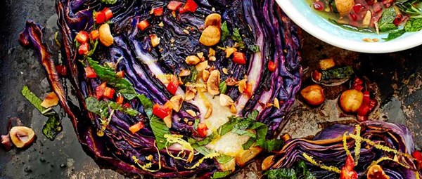 Roasted cabbage steaks with hazelnut dressing
