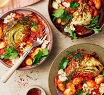 Roasted cabbage with harissa butter beans & baked feta