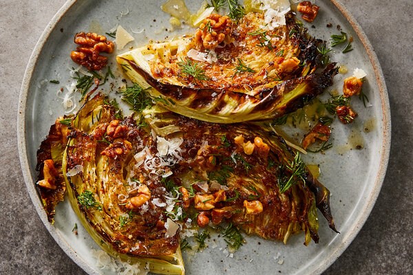 Roasted cabbage with Parmesan, walnuts and anchovies
