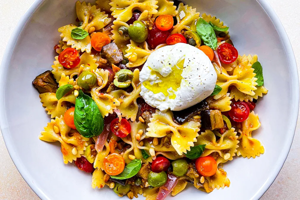 Roasted caponata pasta with burrata