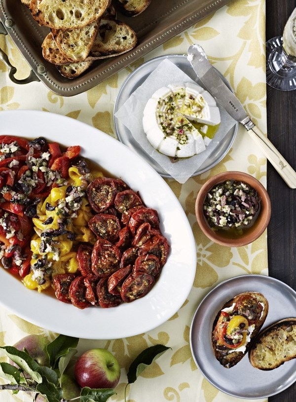 Roasted capsicum and vine tomato bruschetta with ricotta