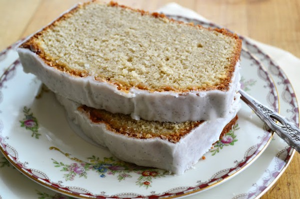 Roasted cardamom and coffee pound cake with vanilla bean glaze
