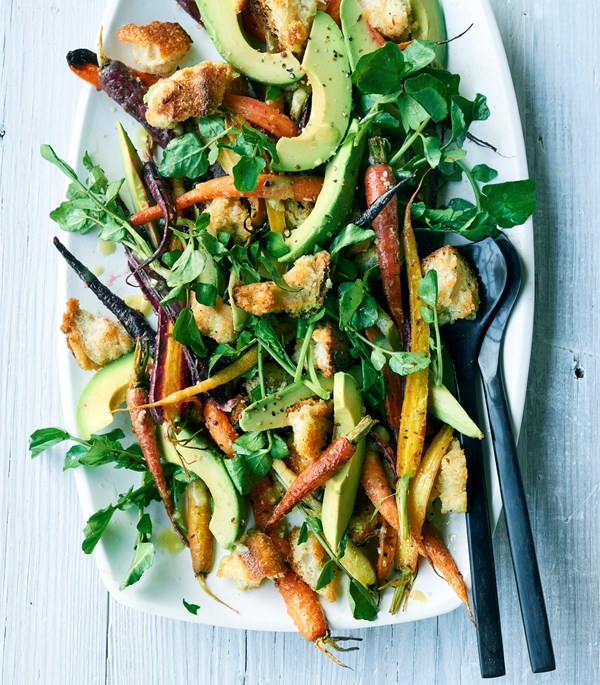 Roasted carrot & avocado panzanella