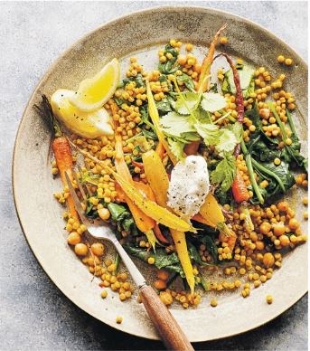 Roasted carrot & chickpea couscous with whipped vegan 'feta'