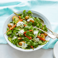 Roasted carrot and new potato salad with quick pickles and feta