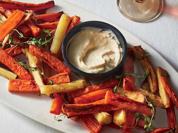 Roasted carrot and parsnip batons with tahini dip