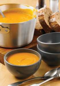 Roasted carrot and sweet potato soup with apple and sage