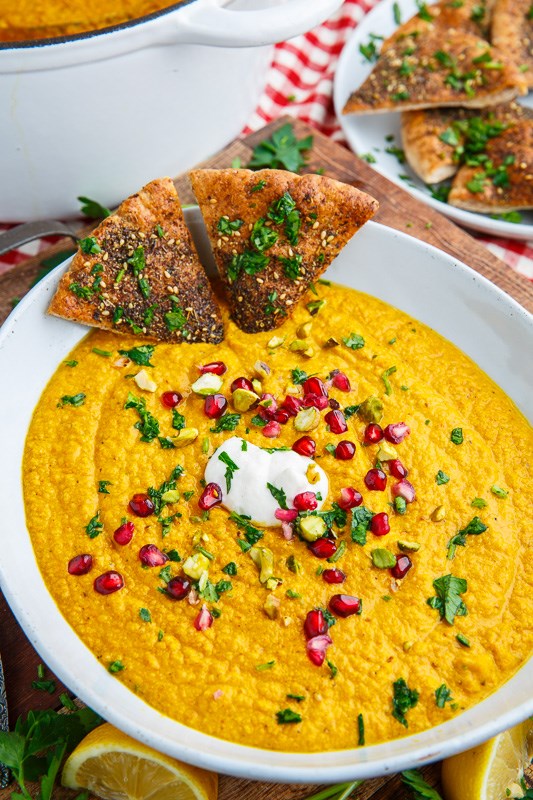 Roasted carrot and tahini soup with pomegranate and pistachios