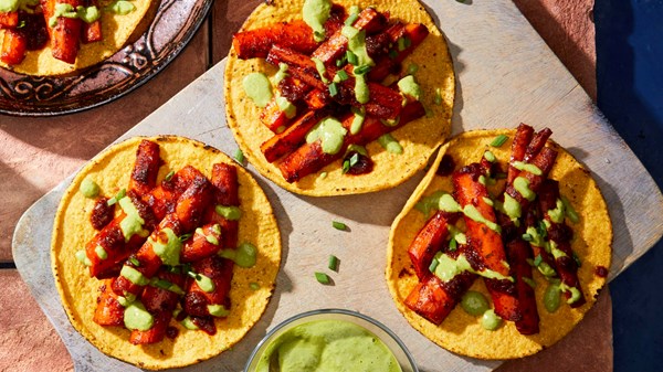 Roasted carrot barbacoa tostadas with charred jalapeño yogurt sauce