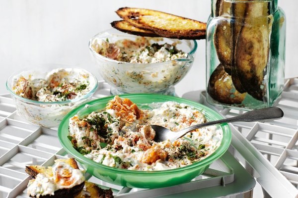 Roasted carrot dip with stale bread crostini
