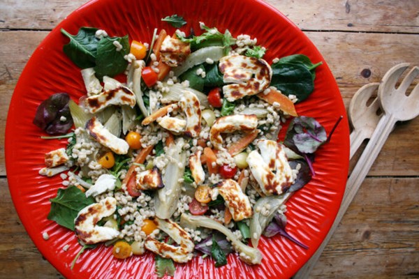 Roasted carrot, fennel, pearl barley and halloumi salad