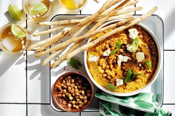 Roasted carrot hummus with feta and mint