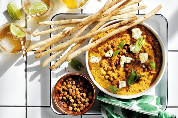 Roasted carrot hummus with feta and mint