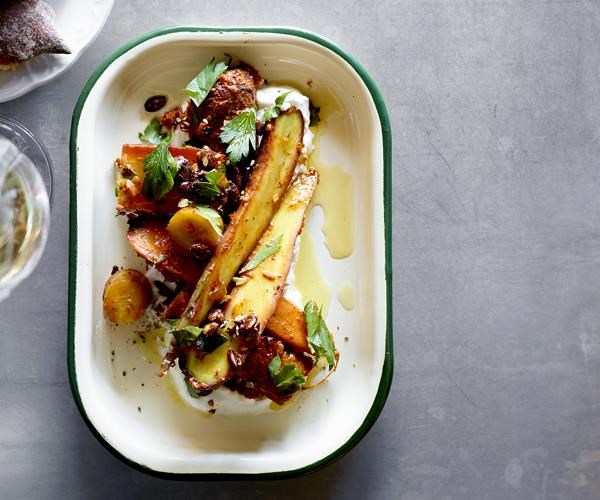 Roasted carrot salad, pepper sauce, olive oil and curd