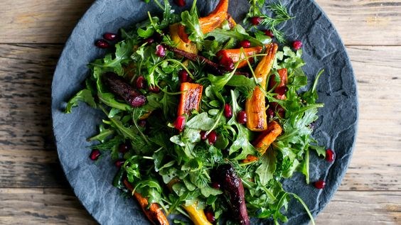 Roasted carrot salad with arugula and pomegranate