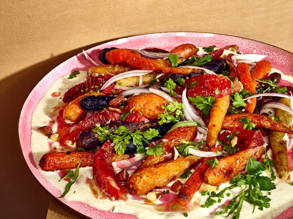 Roasted-carrot salad (with blood orange vinaigrette and cumin crème fraîche)