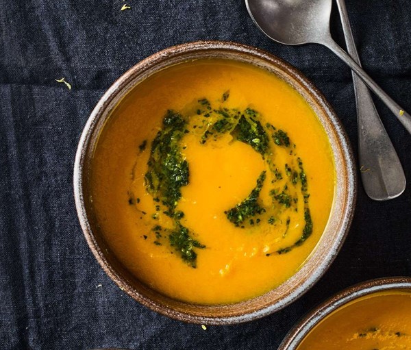 Roasted carrot soup with lemon pesto
