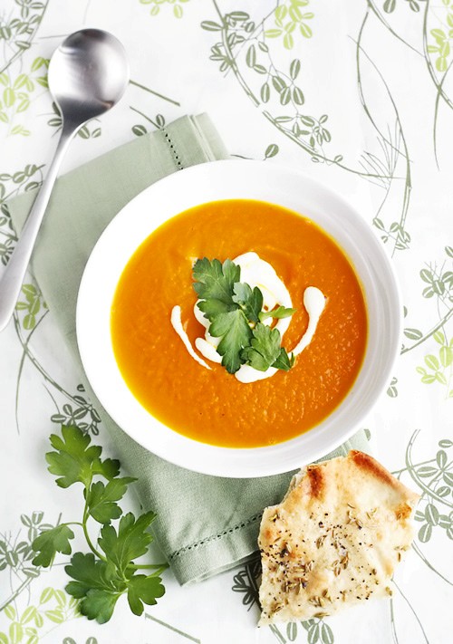 Roasted carrot soup with toasted fennel seed flatbread