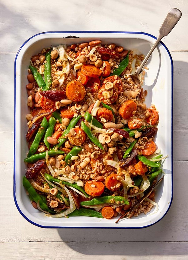 Roasted carrot, three-bean and barley salad