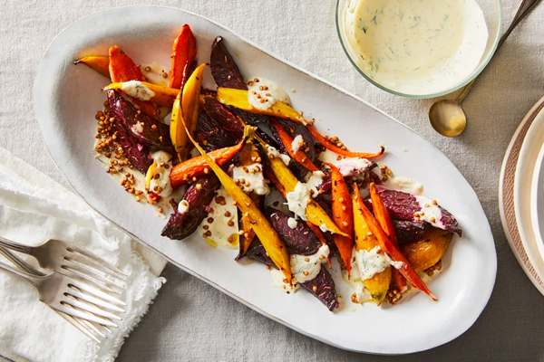 Roasted carrots & beets with crispy buckwheat & dill yogurt